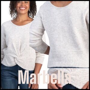 MARBELLA Oatmeal/Tan Scoop Neck Off Shoulder Knotted Waist Crop Sweater (XL)